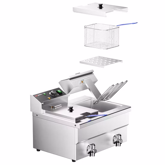 Butterball, Tacchino, Patate, Patatine Fritte, Pesce, Piano di lavoro/Tavolo per Interni Presto Industriale, Friggitrici elettriche commerciali a doppio serbatoio di grandi dimensioni con filtraggio dell'olio e cestello